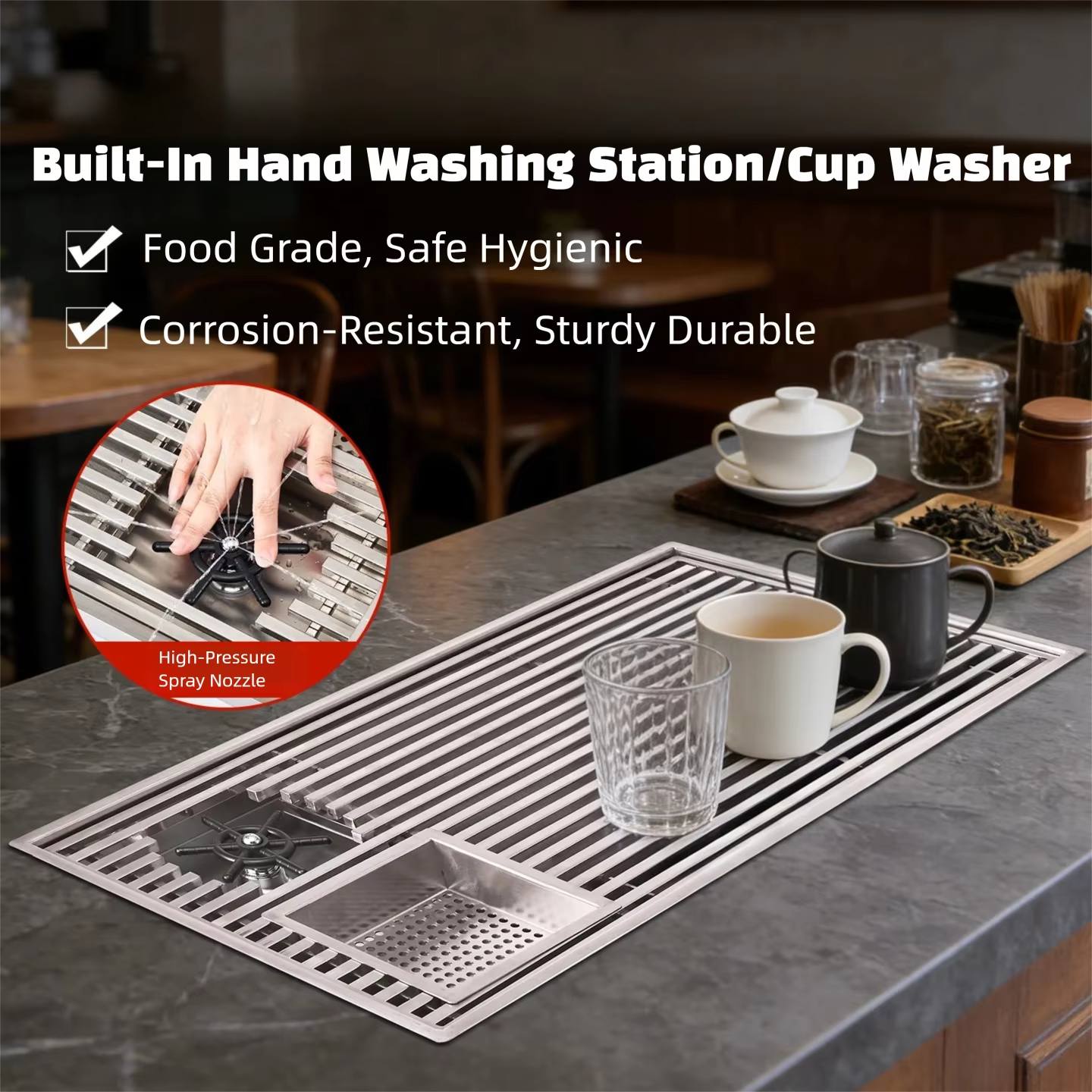 Home Bar Setup - ถาดรองแก้วชาแบบฝังสไตล์โมเดิร์นพร้อมระบบระบายน้ำ ผิวสัมผัสแบบขัดเงา สำหรับสถานีชงกาแฟแบบ Pour-Over เคาน์เตอร์บาร์เชิงพาณิชย์ และที่ล้างแก้วสำหรับใช้ในบ้าน
