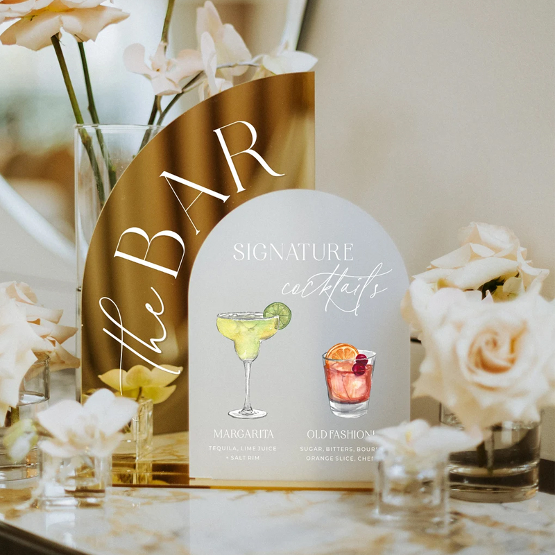 Cocktail Recipe Book - เครื่องดื่มค็อกเทลในงานแต่งงานของเขาและของเธอป้ายเครื่องดื่มที่เป็นเอกลักษณ์ป้ายบาร์สำหรับงานแต่งงานกระจกสีทองและป้ายอะคริลิคบาร์ของตกแต่งโต๊ะ